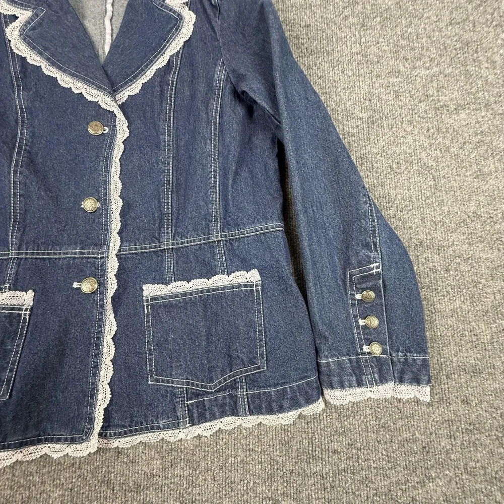 Denim & Co. Blazer Jacket Womens Medium Blue Denim Lace Trim Button Front Boho - Picture 3 of 15